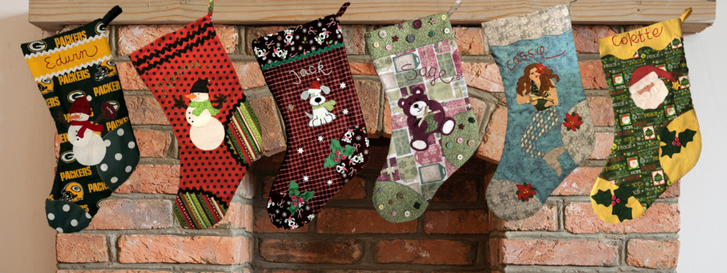 colorful stockings hung on a fireplace mantel