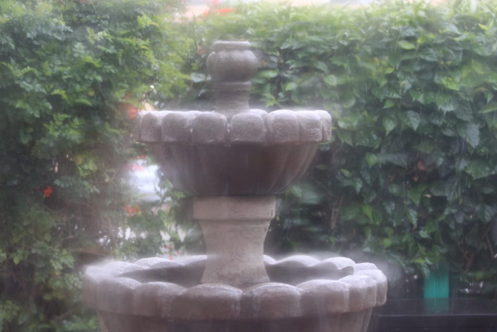 garden fountain through a window